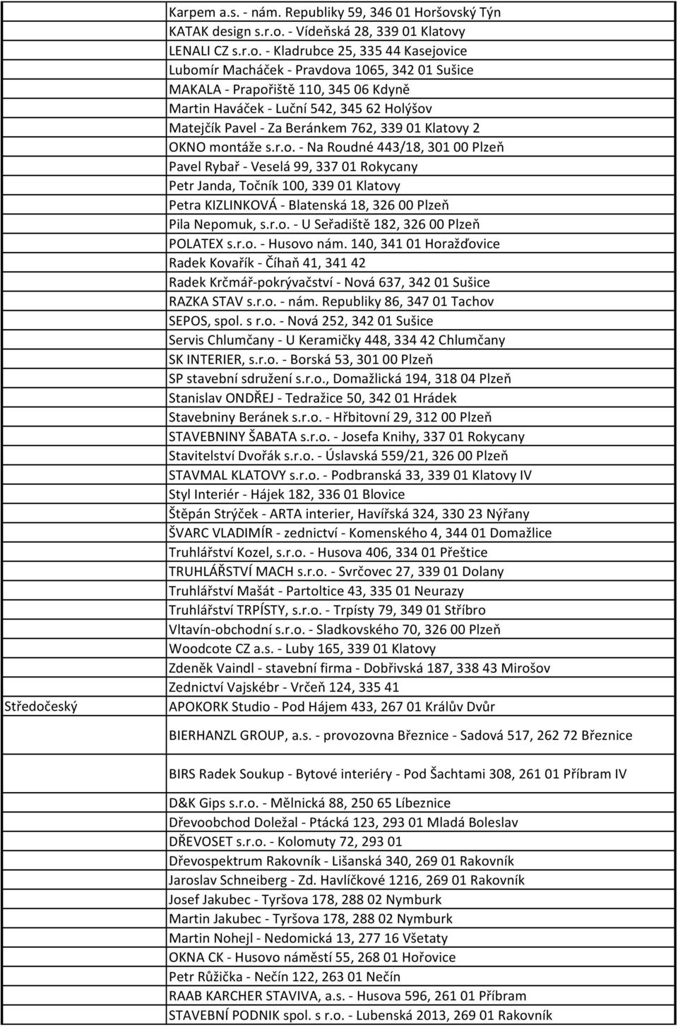 šovský Týn KATAK design s.r.o. - Vídeňská 28, 33901 Klatovy LENALI CZ s.r.o. - Kladrubce 25, 33544 Kasejovice Lubomír Macháček - Pravdova 1065, 34201 Sušice MAKALA - Prapořiště 110, 34506 Kdyně