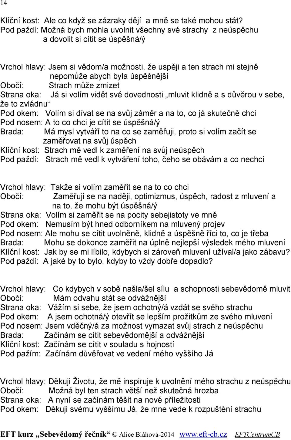 úspěšnější Obočí: Strach může zmizet Strana oka: Já si volím vidět své dovednosti mluvit klidně a s důvěrou v sebe, že to zvládnu Pod okem: Volím si dívat se na svůj záměr a na to, co já skutečně