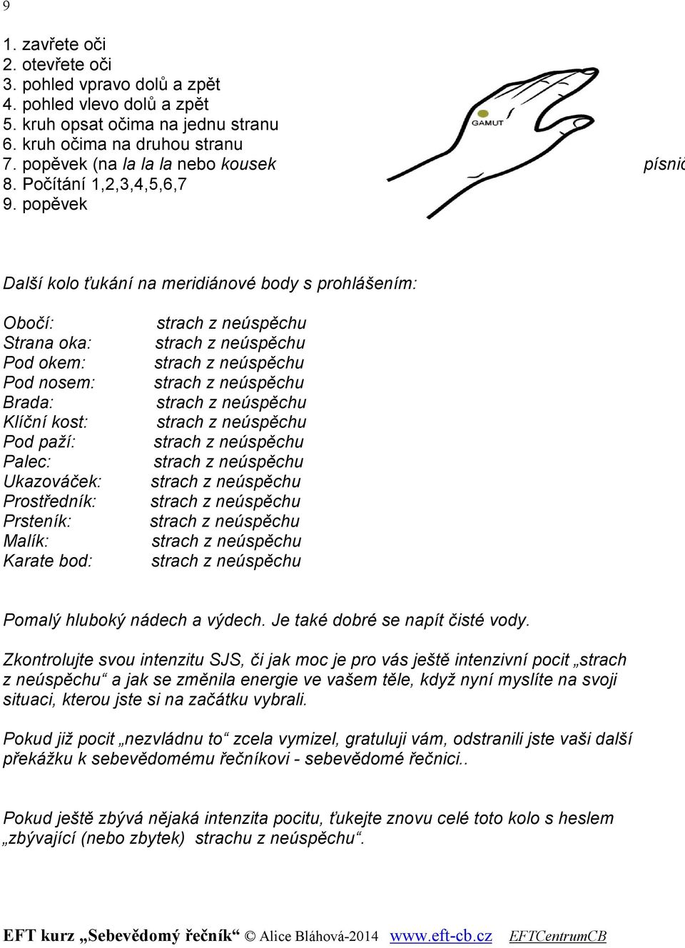 popěvek Další kolo ťukání na meridiánové body s prohlášením: Obočí: Strana oka: Pod okem: Pod nosem: Brada: Klíční kost: Pod paží: Palec: Ukazováček: Prostředník: Prsteník: Malík: Karate bod: Pomalý