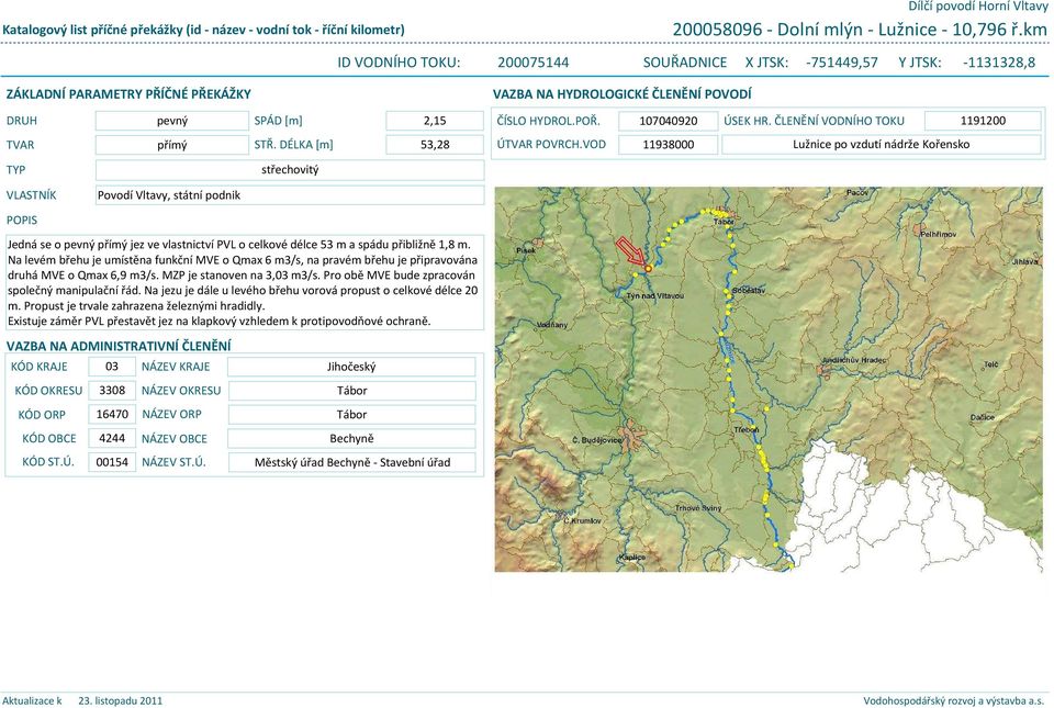 107040920 ÚSEK HR. ČLENĚNÍ VODNÍHO TOKU 1191200 TVAR přímý STŘ. DÉLKA [m] 53,28 ÚTVAR POVRCH.