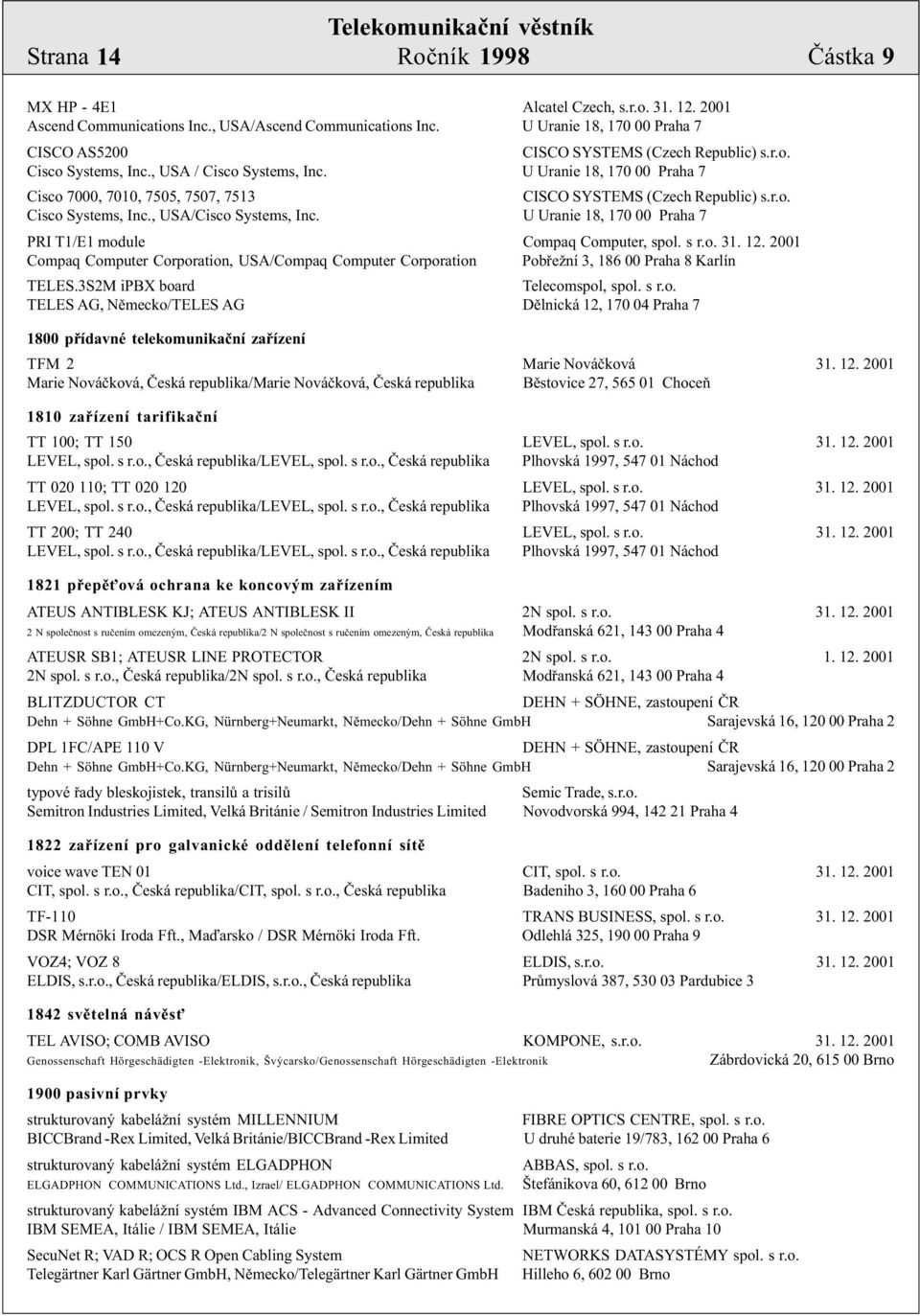 U Uranie 18, 170 00 Praha 7 Cisco 7000, 7010, 7505, 7507, 7513 CISCO SYSTEMS (Czech Republic) s.r.o. Cisco Systems, Inc., USA/Cisco Systems, Inc.