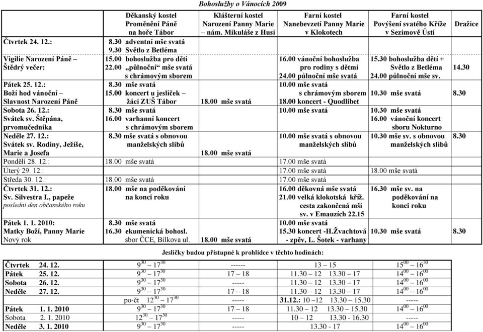 00 bohosluţba pro děti 22.00 půlnoční mše svatá s chrámovým sborem 8.30 mše svatá 15.00 koncert u jesliček ţáci ZUŠ Tábor 8.30 mše svatá 16.00 varhanní koncert s chrámovým sborem 8.