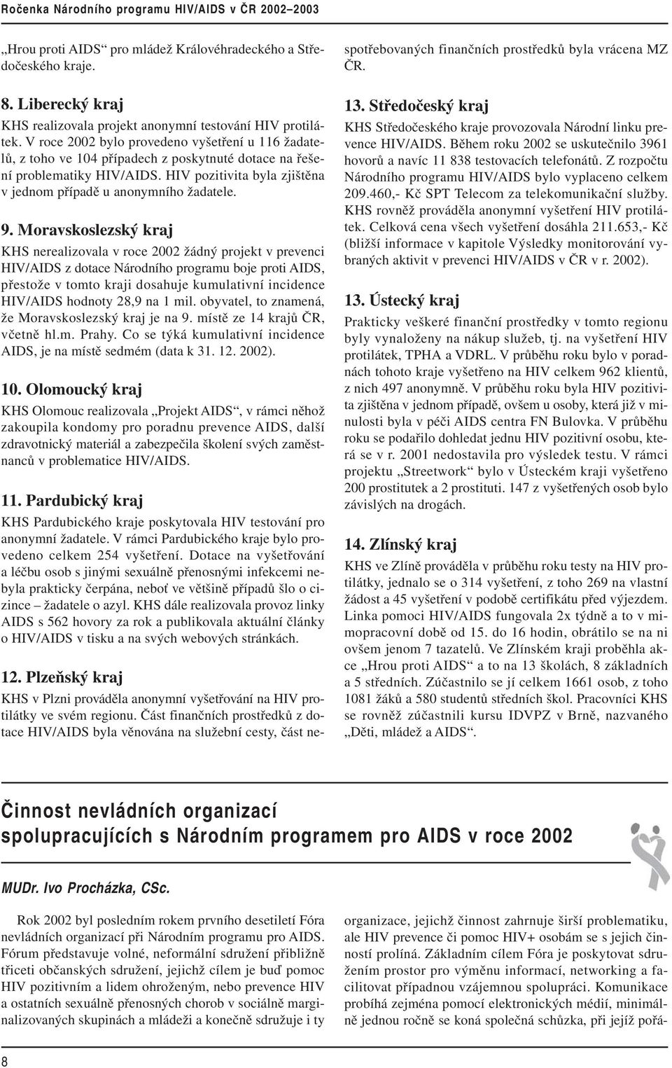 9. Moravskoslezský kraj KHS nerealizovala v roce 2002 žádný projekt v prevenci HIV/AIDS z dotace Národního programu boje proti AIDS, přestože v tomto kraji dosahuje kumulativní incidence HIV/AIDS