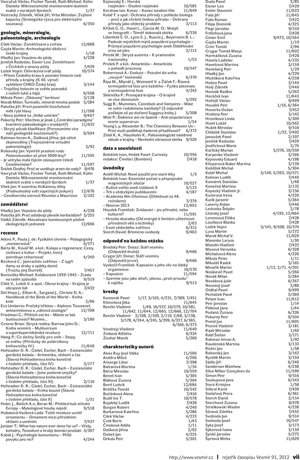 1/18 Hladký Jan: Vepsáno do půdy 4/228 Jeníček Radoslav, Eisner Leo: Zemětřesení v Čechách a sesuvy půdy 7/429 Ložek Vojen: Odvrácená tvář půdy 10/574 Přínos Českého krasu k poznání historie naší