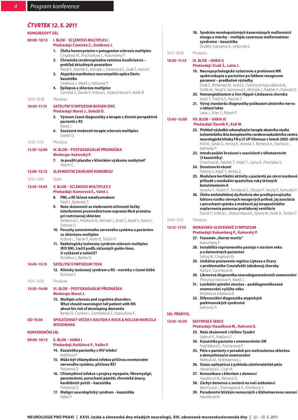 Atypická manifestace neuromyelitis optica Devic: kazuistika Doláková J., Mareš J., Kaňovský P. 4. Epilepsia a skleróza multiplex Čarnická Z., Šiarnik P., Krížová L., Klobučníková K., Kollár B.