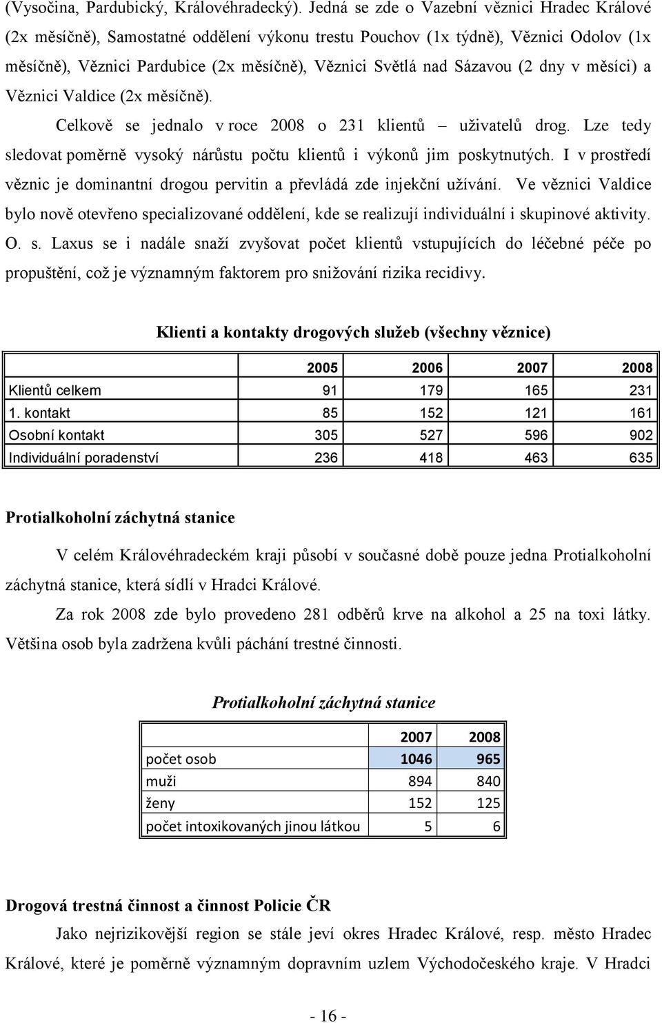 Sázavou (2 dny v měsíci) a Věznici Valdice (2x měsíčně). Celkově se jednalo v roce 2008 o 231 klientů uţivatelů drog. Lze tedy sledovat poměrně vysoký nárůstu počtu klientů i výkonů jim poskytnutých.