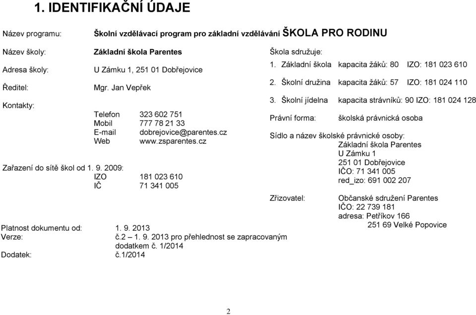 2 1. 9. 2013 pro přehlednost se zapracovaným dodatkem č. 1/2014 Dodatek: č.1/2014 Škola sdružuje: 1. Základní škola kapacita žáků: 80 IZO: 181 023 610 2.