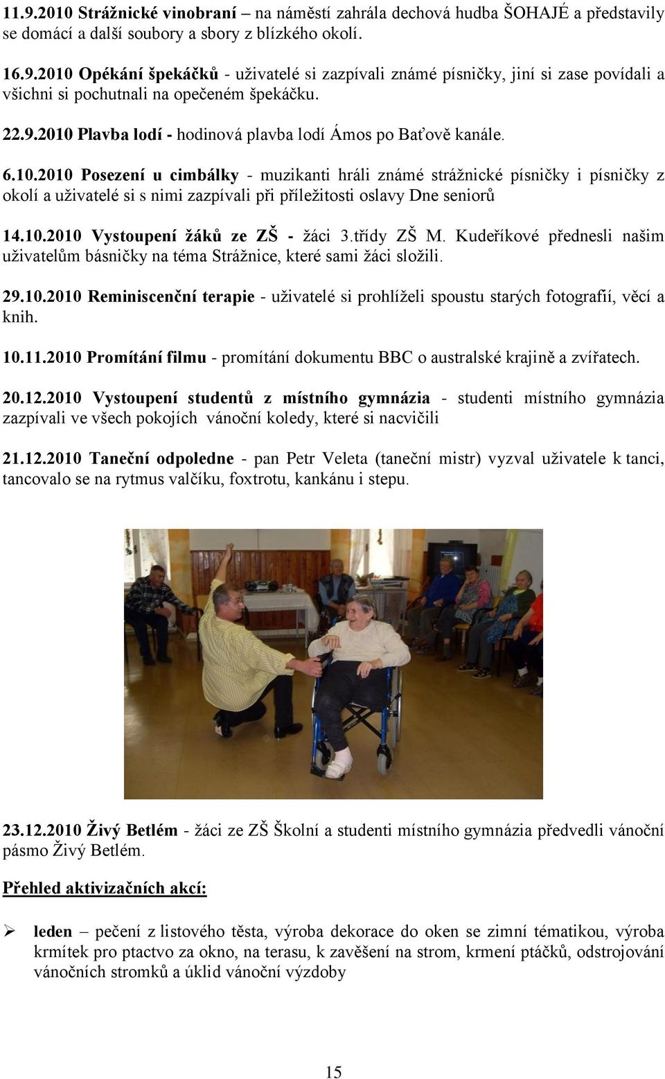 10.2010 Vystoupení ţáků ze ZŠ - ţáci 3.třídy ZŠ M. Kudeříkové přednesli našim uţivatelům básničky na téma Stráţnice, které sami ţáci sloţili. 29.10.2010 Reminiscenční terapie - uţivatelé si prohlíţeli spoustu starých fotografií, věcí a knih.