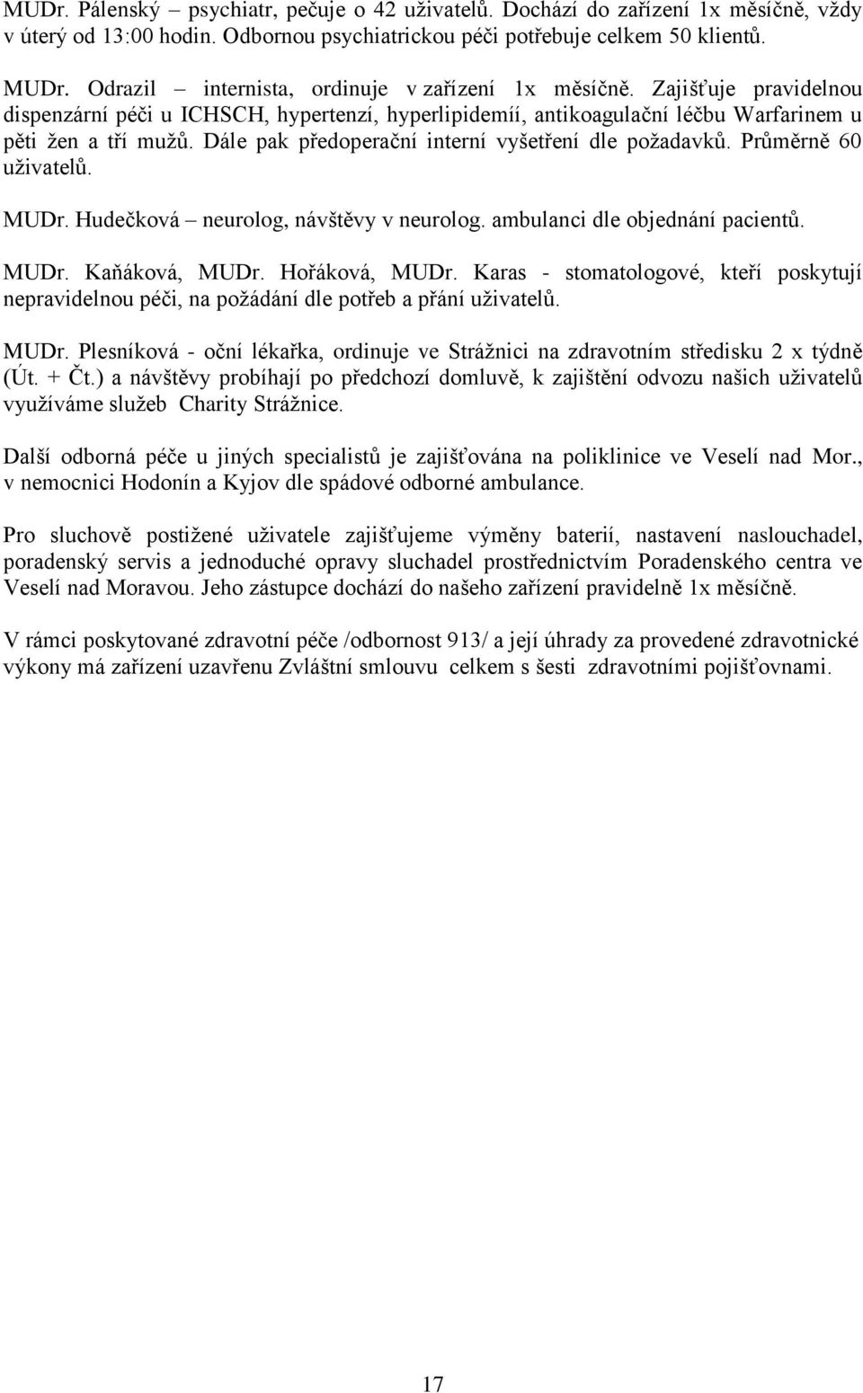 Dále pak předoperační interní vyšetření dle poţadavků. Průměrně 60 uţivatelů. MUDr. Hudečková neurolog, návštěvy v neurolog. ambulanci dle objednání pacientů. MUDr. Kaňáková, MUDr. Hořáková, MUDr.