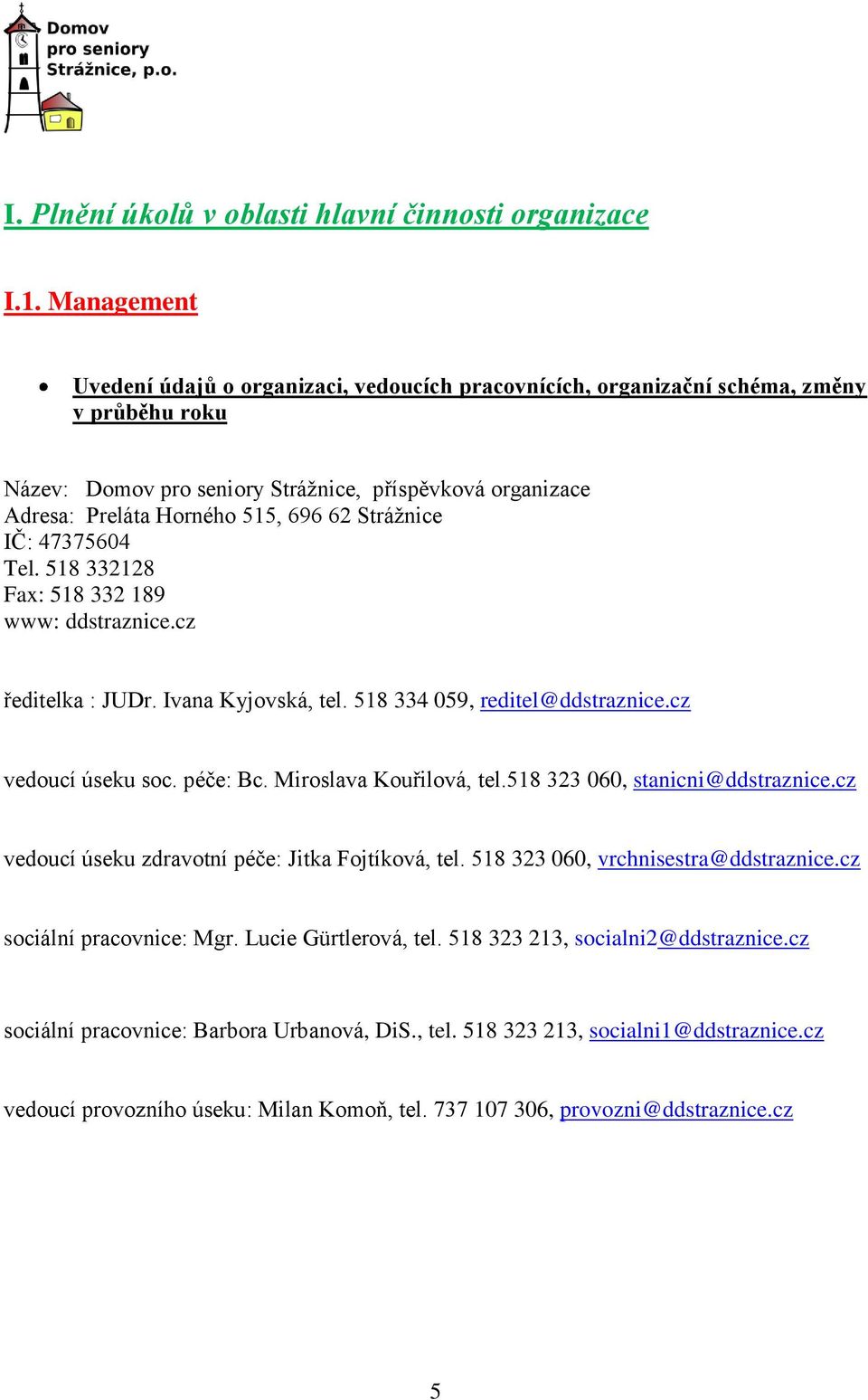 Stráţnice IČ: 47375604 Tel. 518 332128 Fax: 518 332 189 www: ddstraznice.cz ředitelka : JUDr. Ivana Kyjovská, tel. 518 334 059, reditel@ddstraznice.cz vedoucí úseku soc. péče: Bc.