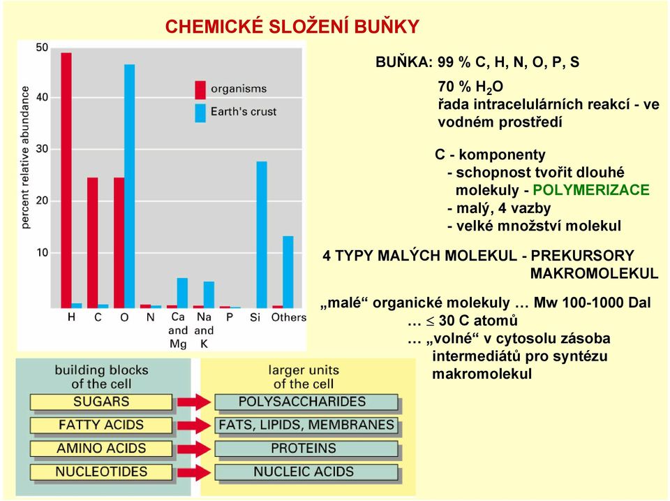 vazby - velké množství molekul 4 TYPY MALÝCH MOLEKUL - PREKURSORY MAKROMOLEKUL malé organické