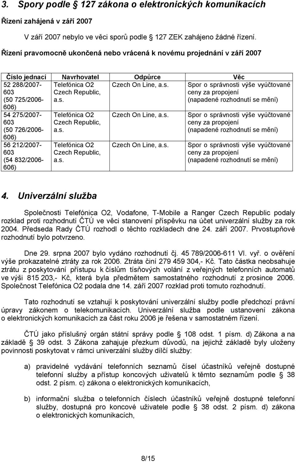 s. Telefónica O2 Czech Republic, a.s. Czech On Line, a.s. Czech On Line, a.s. Spor o správnosti výše vyúčtované ceny za propojení (napadené rozhodnutí se mění) Spor o správnosti výše vyúčtované ceny