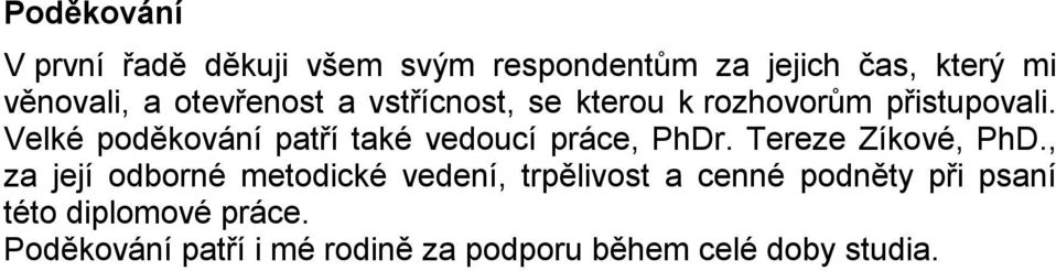 Velké poděkování patří také vedoucí práce, PhDr. Tereze Zíkové, PhD.