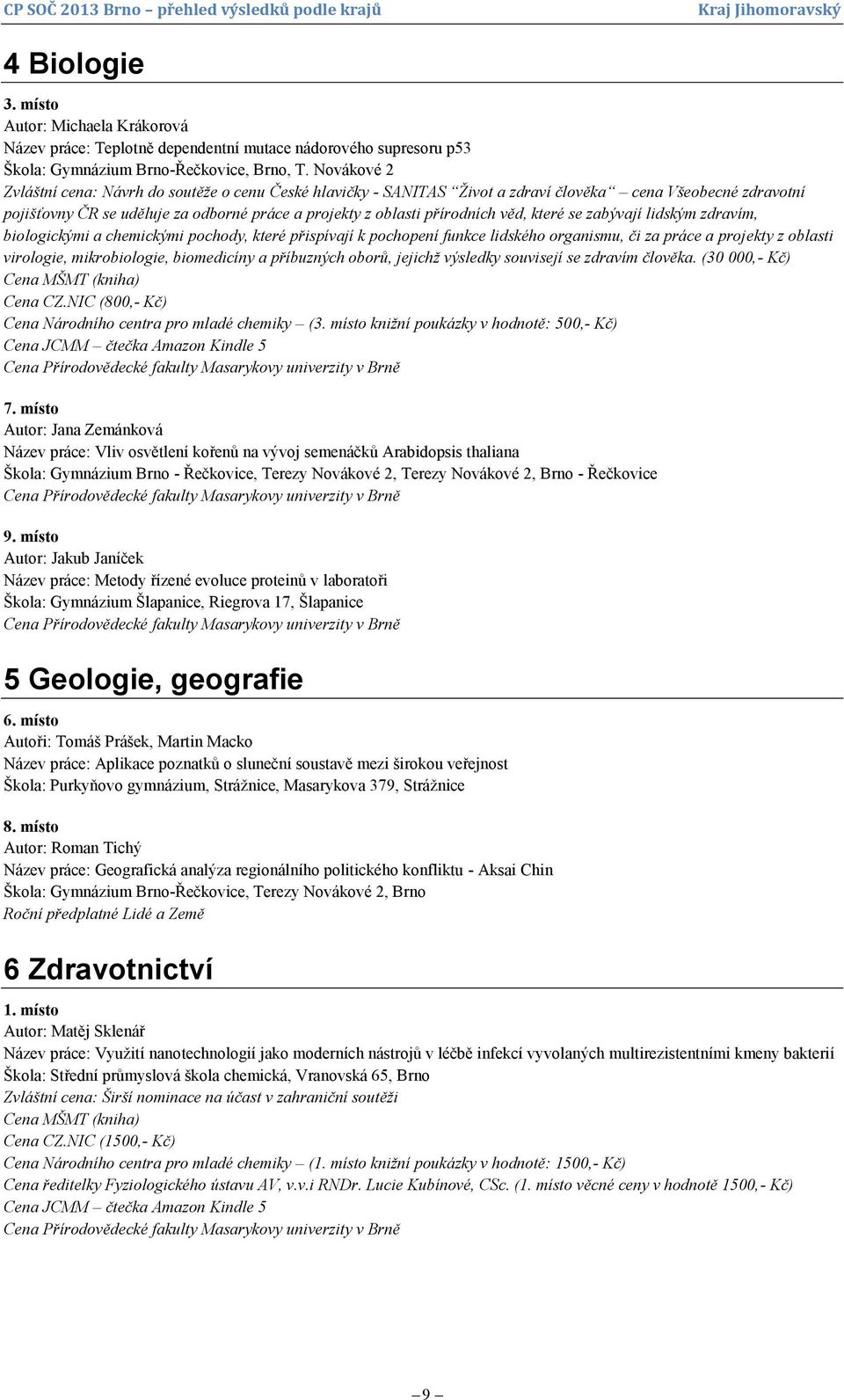 věd, které se zabývají lidským zdravím, biologickými a chemickými pochody, které přispívají k pochopení funkce lidského organismu, či za práce a projekty z oblasti virologie, mikrobiologie,