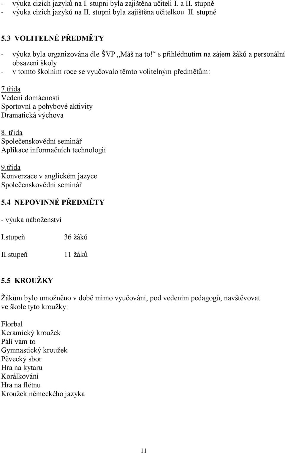 třída Vedení domácnosti Sportovní a pohybové aktivity Dramatická výchova 8. třída Společenskovědní seminář Aplikace informačních technologií 9.