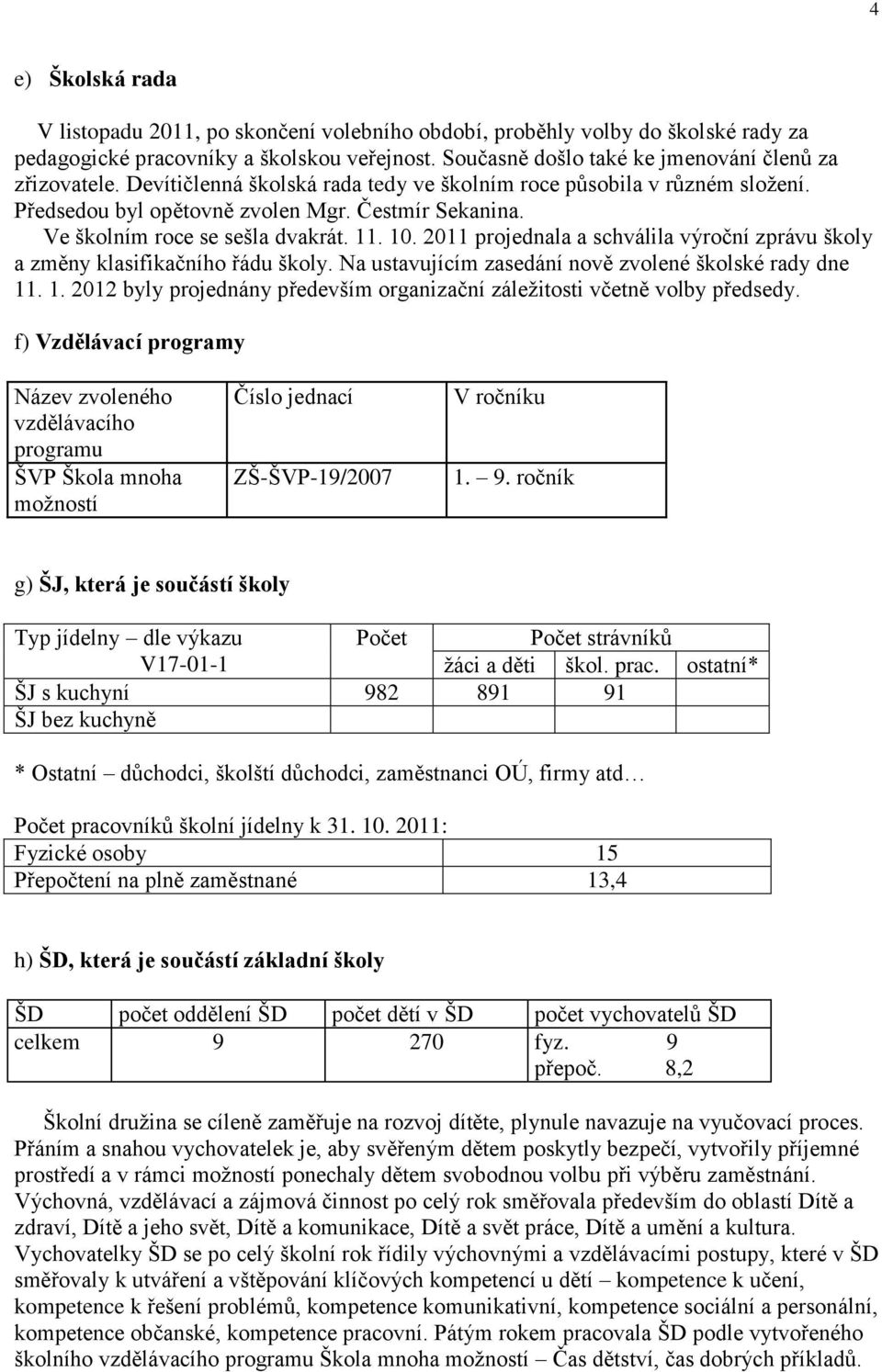2011 projednala a schválila výroční zprávu školy a změny klasifikačního řádu školy. Na ustavujícím zasedání nově zvolené školské rady dne 11