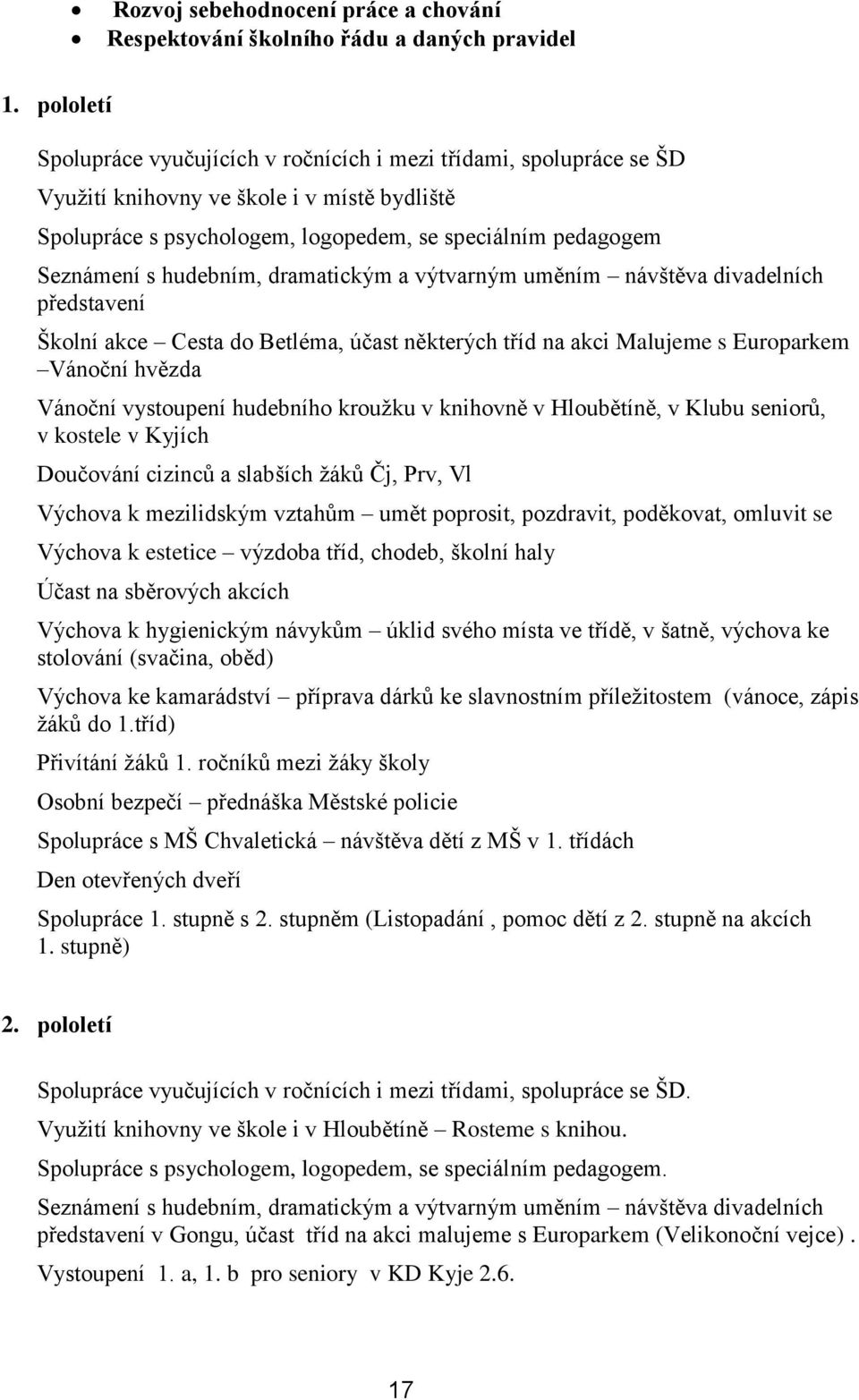 hudebním, dramatickým a výtvarným uměním návštěva divadelních představení Školní akce Cesta do Betléma, účast některých tříd na akci Malujeme s Europarkem Vánoční hvězda Vánoční vystoupení hudebního