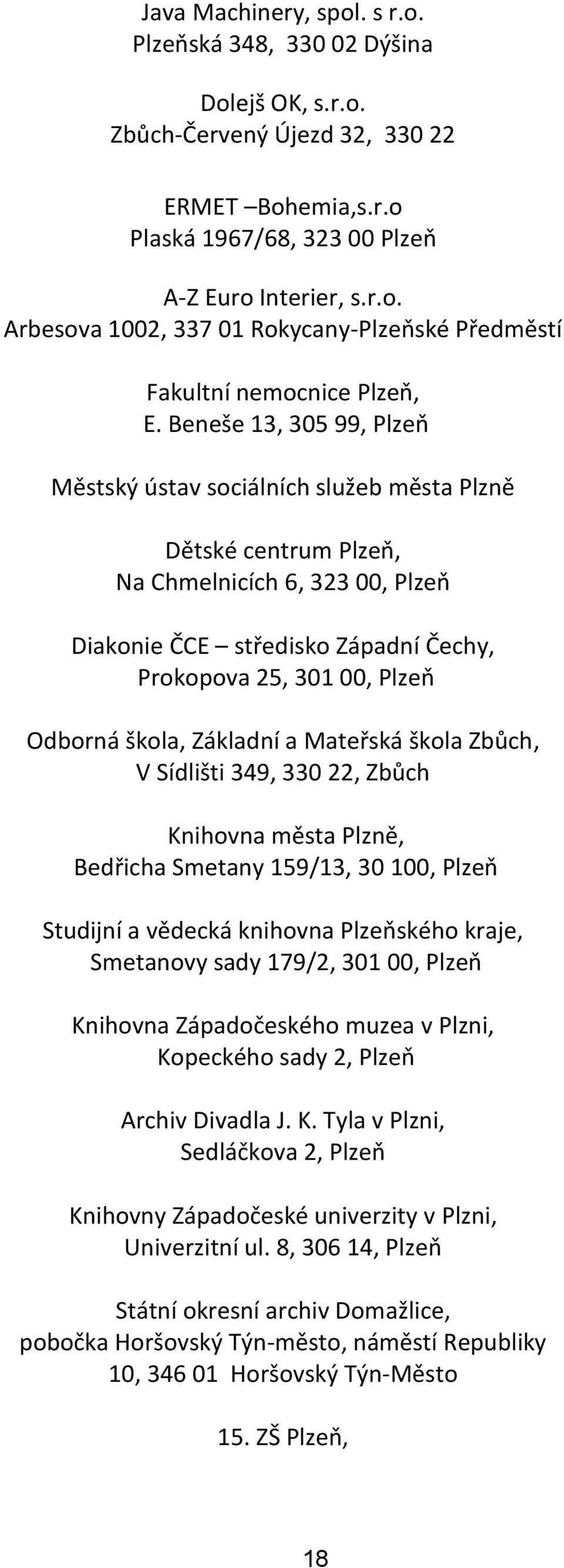 škola, Základní a Mateřská škola Zbůch, V Sídlišti 349, 330 22, Zbůch Knihovna města Plzně, Bedřicha Smetany 159/13, 30 100, Plzeň Studijní a vědecká knihovna Plzeňského kraje, Smetanovy sady 179/2,