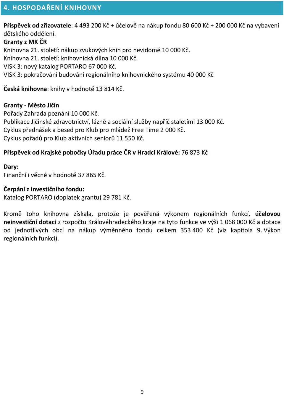 VISK 3: pokračování budování regionálního knihovnického systému 40 000 Kč Česká knihovna: knihy v hodnotě 13 814 Kč. Granty - Město Jičín Pořady Zahrada poznání 10 000 Kč.