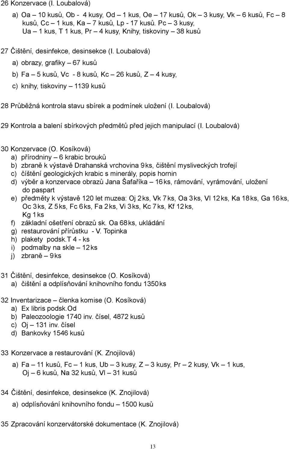 Loubalová) a) obrazy, grafiky 67 kusů b) Fa 5 kusů, Vc - 8 kusů, Kc 26 kusů, Z 4 kusy, c) knihy, tiskoviny 1139 kusů 28 Průběžná kontrola stavu sbírek a podmínek uložení (I.