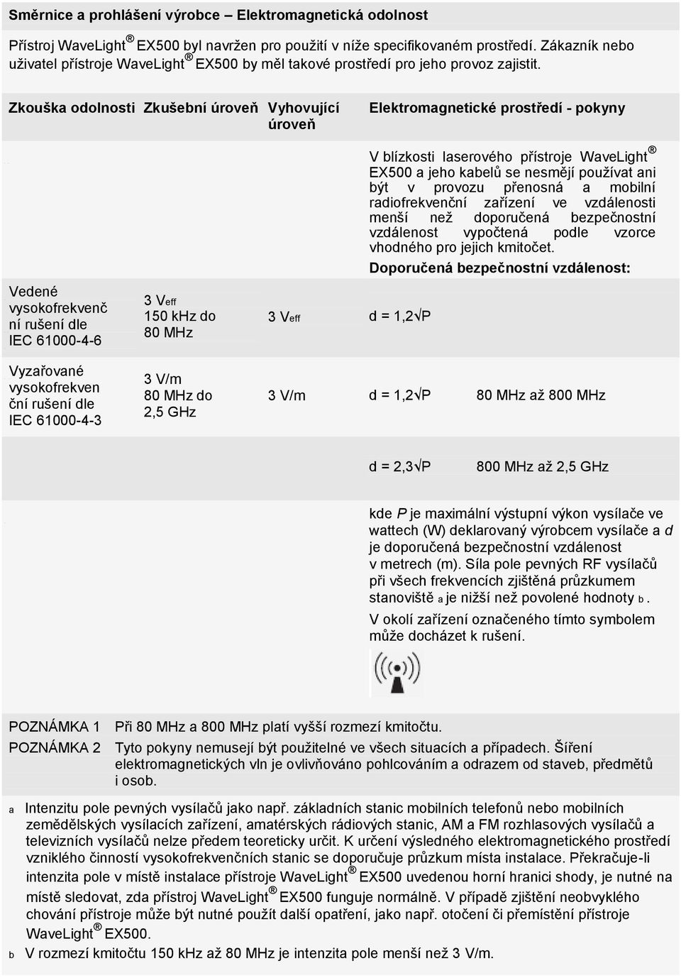 T a Zkouška odolnosti Zkušební úroveň Vyhovující Elektromagnetické prostředí - pokyny b úroveň u l V blízkosti laserového přístroje WaveLight k EX500 a jeho kabelů se nesmějí používat ani a být v