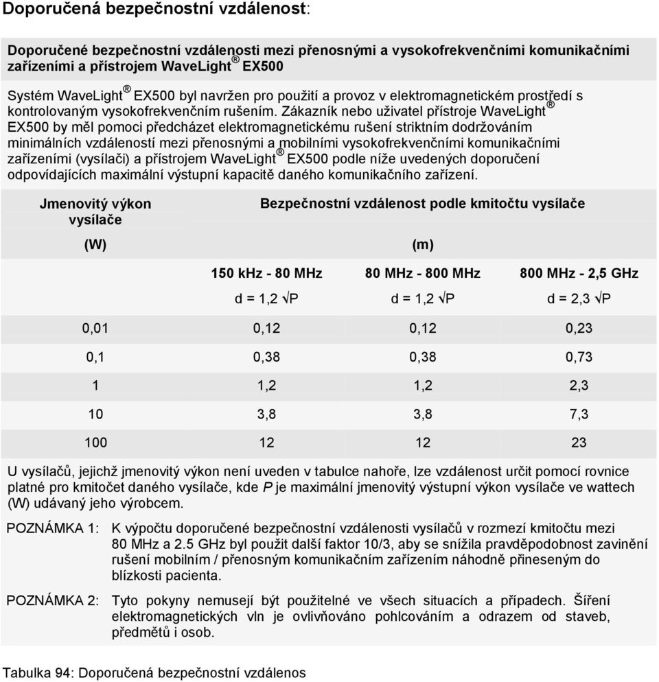 Zákazník nebo uživatel přístroje WaveLight EX500 by měl pomoci předcházet elektromagnetickému rušení striktním dodržováním minimálních vzdáleností mezi přenosnými a mobilními vysokofrekvenčními