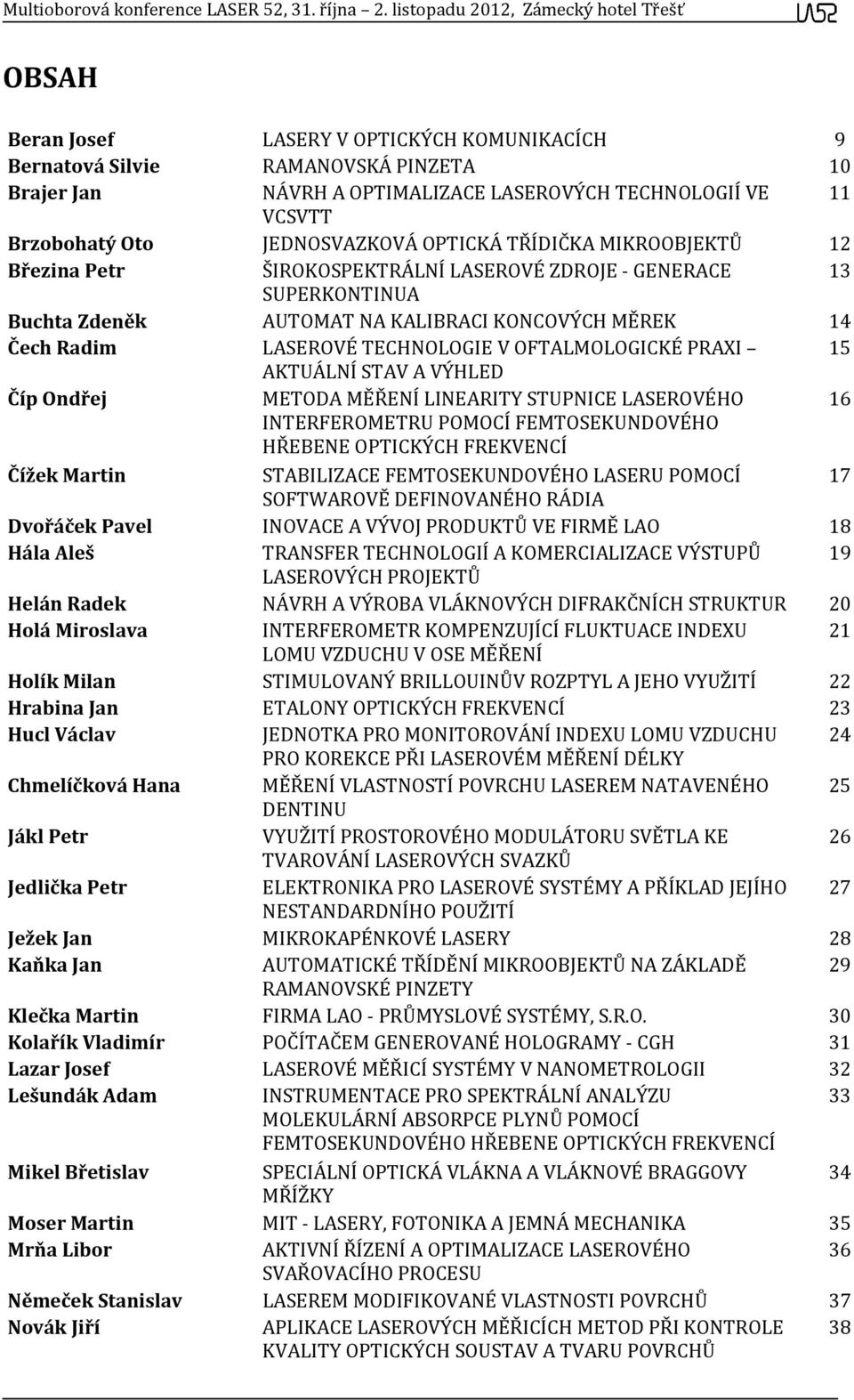 PRAXI 15 AKTUÁLNÍ STAV A VÝHLED Číp Ondřej METODA MĚŘENÍ LINEARITY STUPNICE LASEROVÉHO 16 INTERFEROMETRU POMOCÍ FEMTOSEKUNDOVÉHO HŘEBENE OPTICKÝCH FREKVENCÍ Čížek Martin STABILIZACE FEMTOSEKUNDOVÉHO