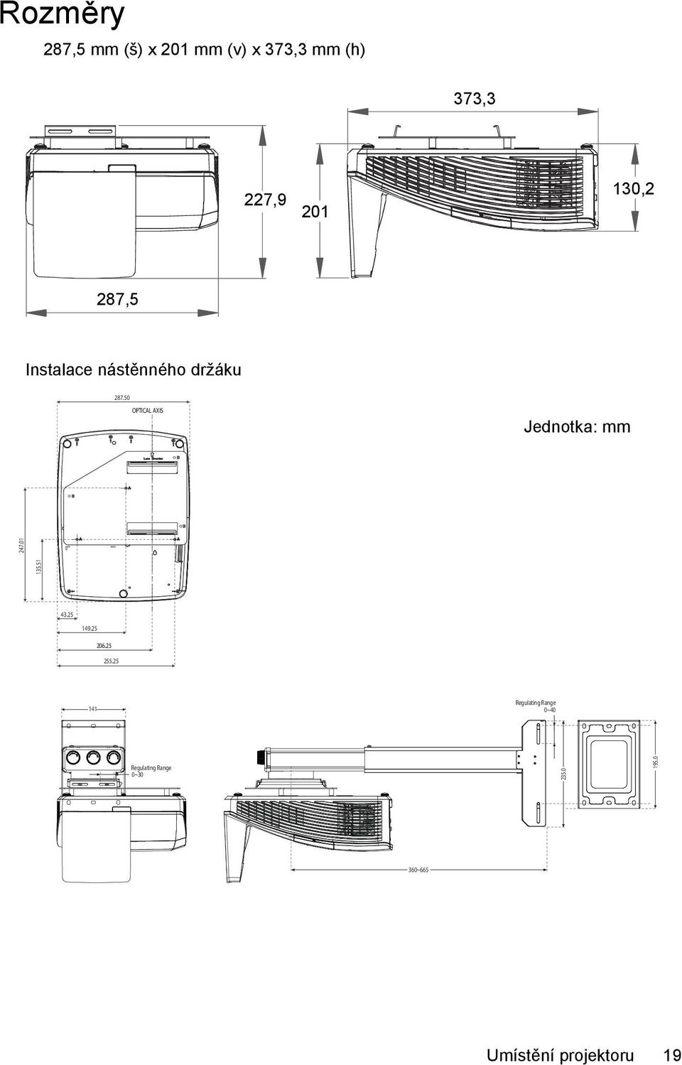 50 OPTICAL AXIS Jednotka: mm 135.51 247.01 43.25 149.25 206.25 255.