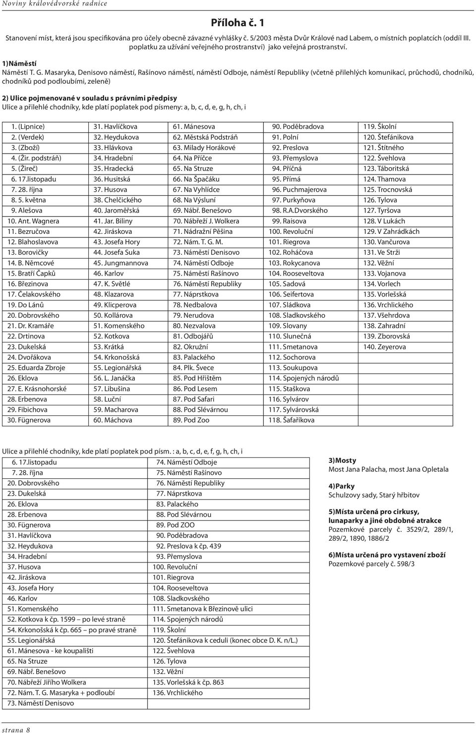 Masaryka, Denisovo náměstí, Rašínovo náměstí, náměstí Odboje, náměstí Republiky (včetně přilehlých komunikací, průchodů, chodníků, chodníků pod podloubími, zeleně) 2) Ulice pojmenované v souladu s