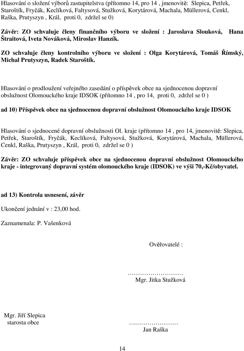 Hana ZO schvaluje členy kontrolního výboru ve složení : Olga Korytárová, Tomáš Římský, Michal Prutyszyn, Radek Staroštík.