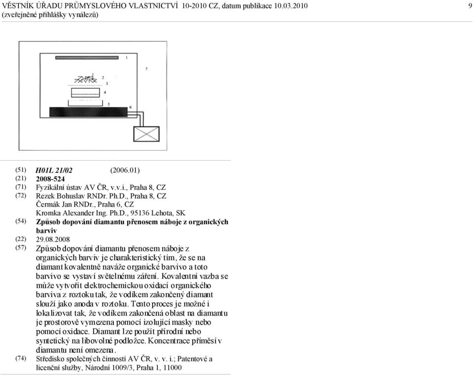 2008 (57) Způsob dopování diamantu přenosem náboje z organických barviv je charakteristický tím, že se na diamant kovalentně naváže organické barvivo a toto barvivo se vystaví světelnému záření.