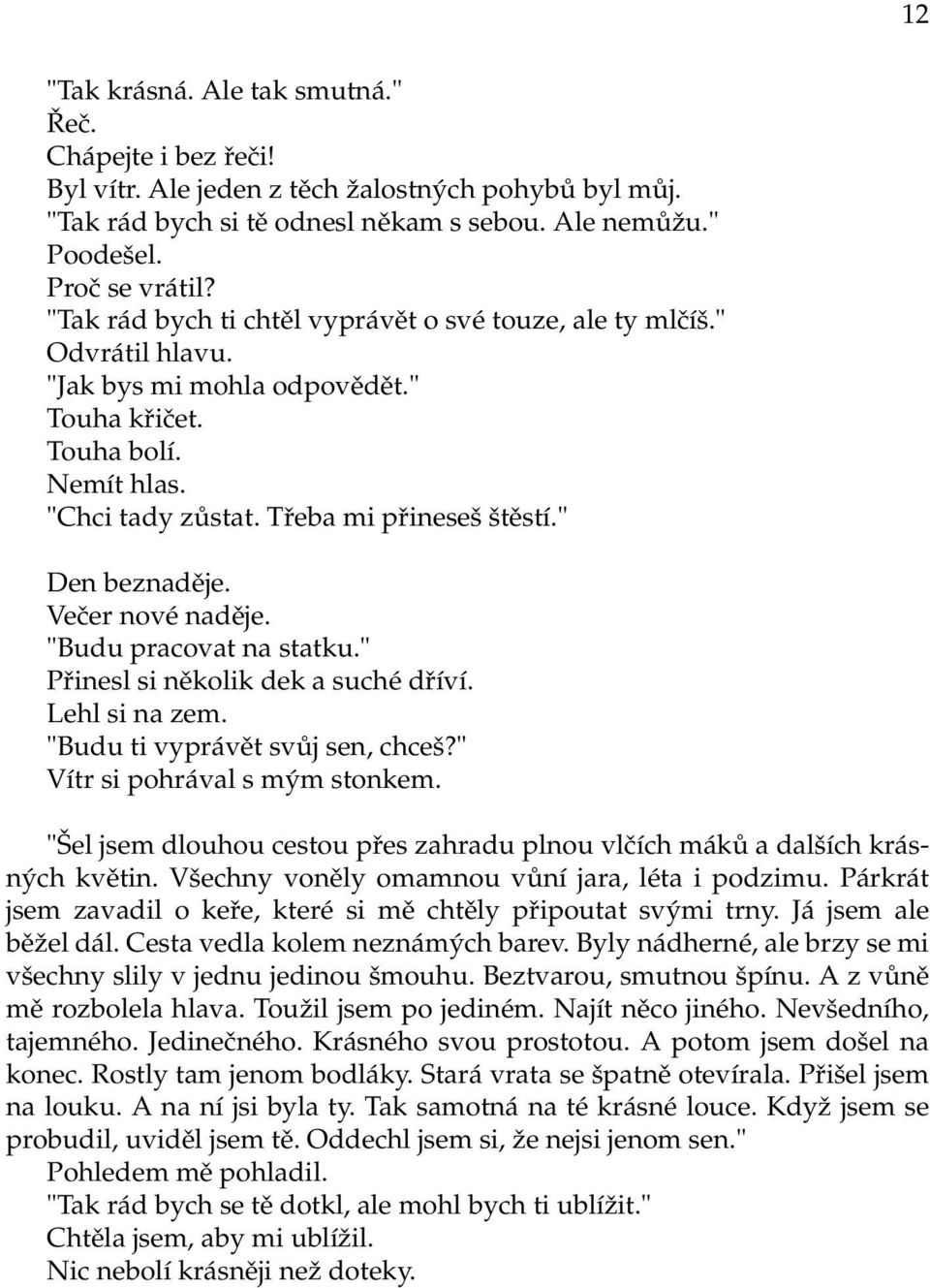 " Den beznaděje. Večer nové naděje. "Budu pracovat na statku." Přinesl si několik dek a suché dříví. Lehl si na zem. "Budu ti vyprávět svůj sen, chceš?" Vítr si pohrával s mým stonkem.