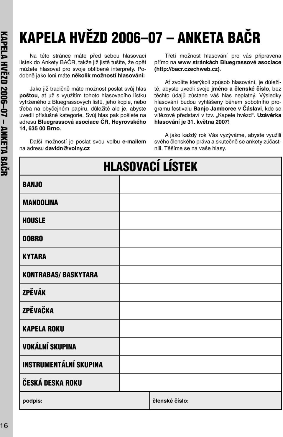 Podobně jako loni máte několik možností hlasování: Jako již tradičně máte možnost poslat svůj hlas poštou, a už s využitím tohoto hlasovacího lístku vytrženého z luegrassových listů, jeho kopie, nebo