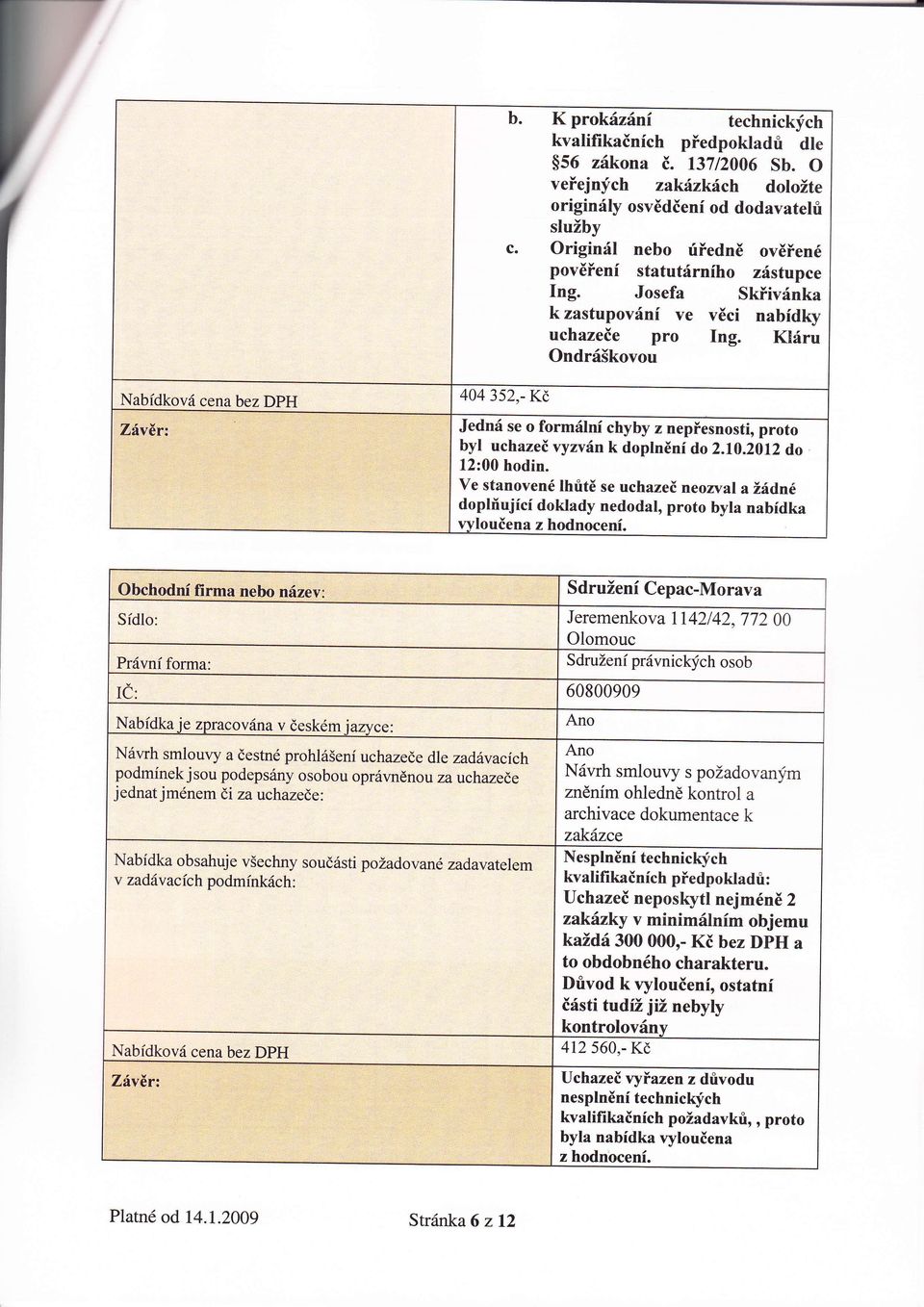 2012 do 12:00 hodin. ve stanoven lhůtě se uchaze neozval aždn doplňujcdoktady nedodal, proto byla nabdka vylouena z hodnocen.