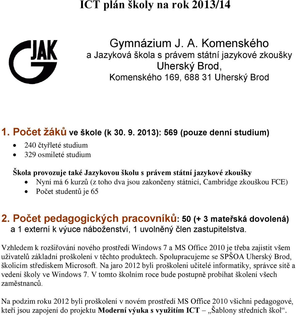 Cambridge zkouškou FCE) studentů je 65 2. pedagogických pracovníků: 50 (+ 3 mateřská dovolená) a 1 externí k výuce náboženství, 1 uvolněný člen zastupitelstva.