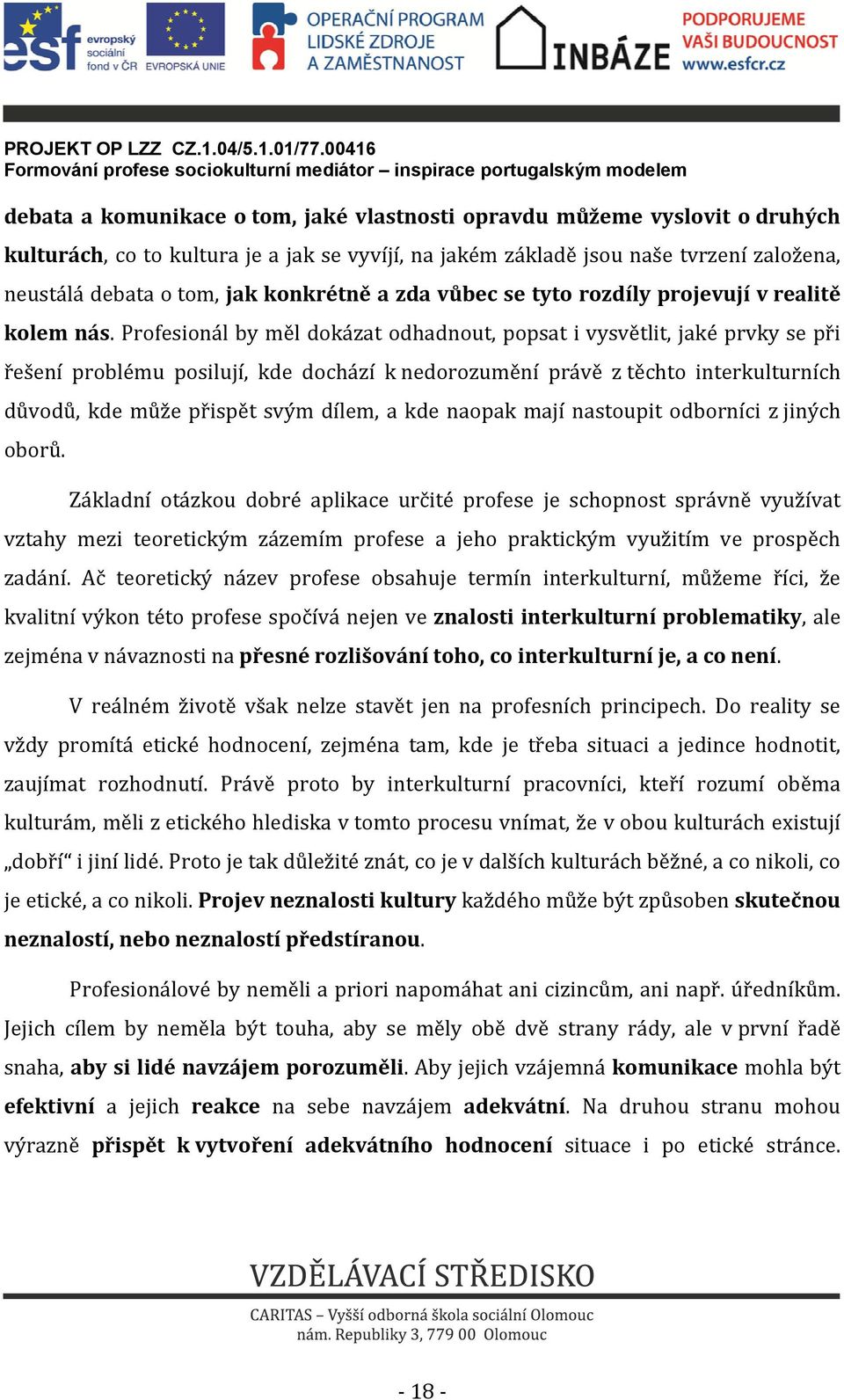 Profesionál by měl dokázat odhadnout, popsat i vysvětlit, jaké prvky se při řešení problému posilují, kde dochází k nedorozumění právě z těchto interkulturních důvodů, kde může přispět svým dílem, a