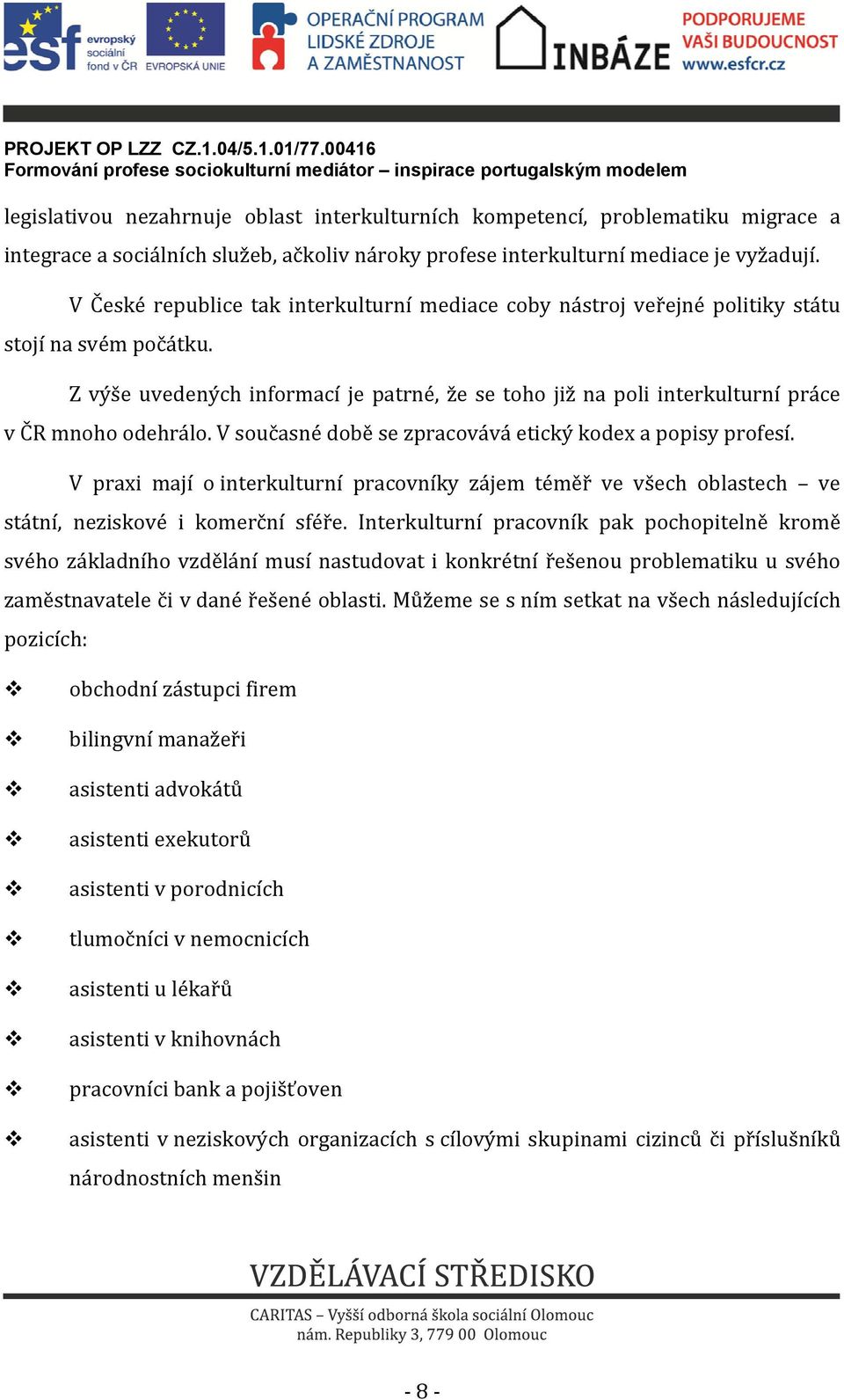 Z výše uvedených informací je patrné, že se toho již na poli interkulturní práce v ČR mnoho odehrálo. V současné době se zpracovává etický kodex a popisy profesí.