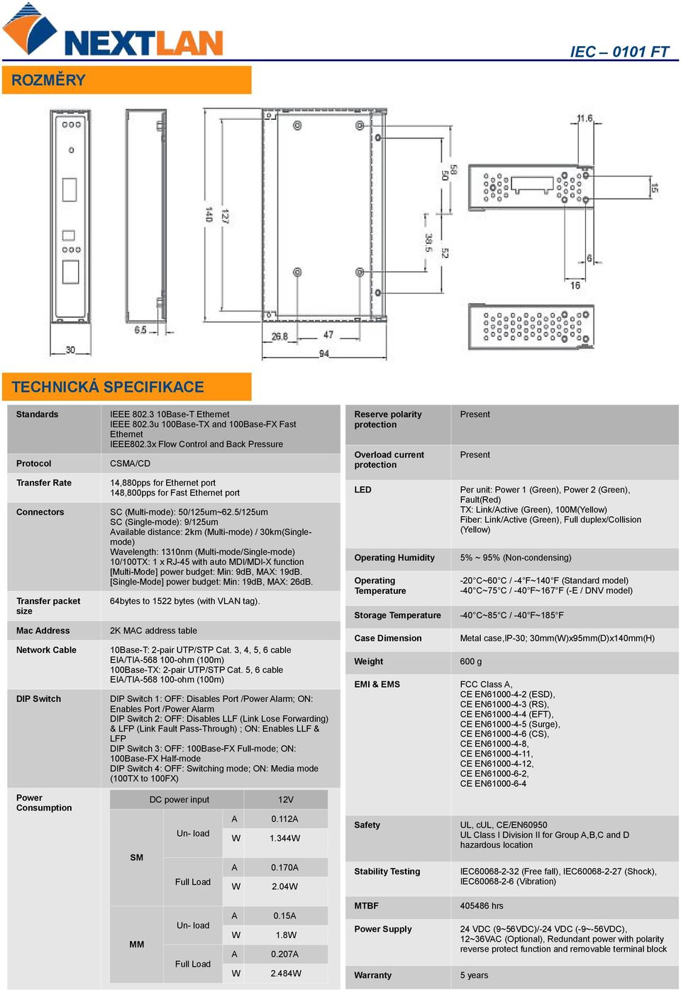 Power Consumption 14,880pps for Ethernet port 148,800pps for Fast Ethernet port SC (Multi-mode): 50/125um~62.