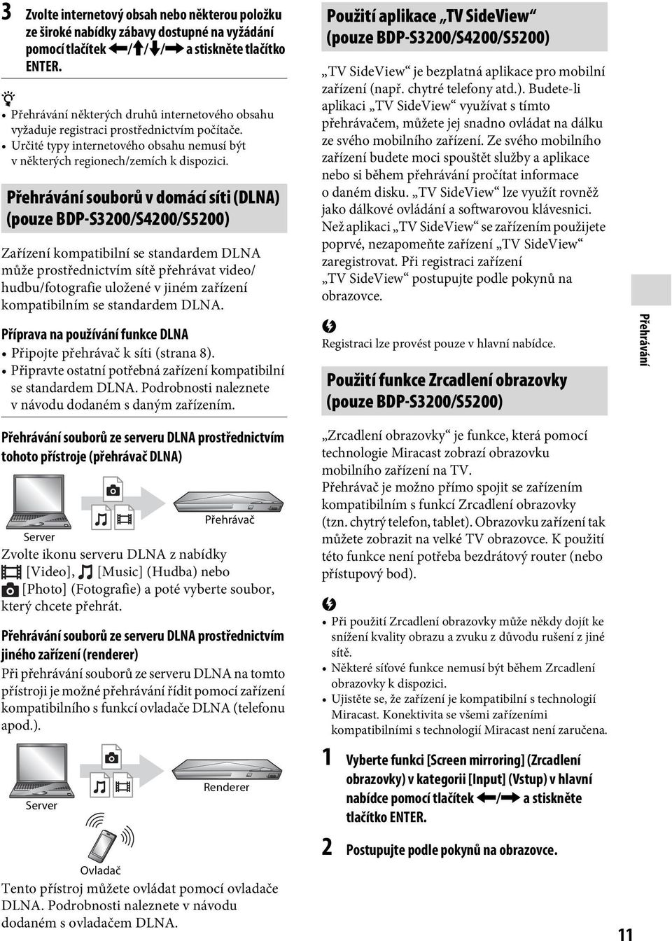 Přehrávání souborů v domácí síti (DLNA) (pouze BDP-S3200/S4200/S5200) Zařízení kompatibilní se standardem DLNA může prostřednictvím sítě přehrávat video/ hudbu/fotografie uložené v jiném zařízení