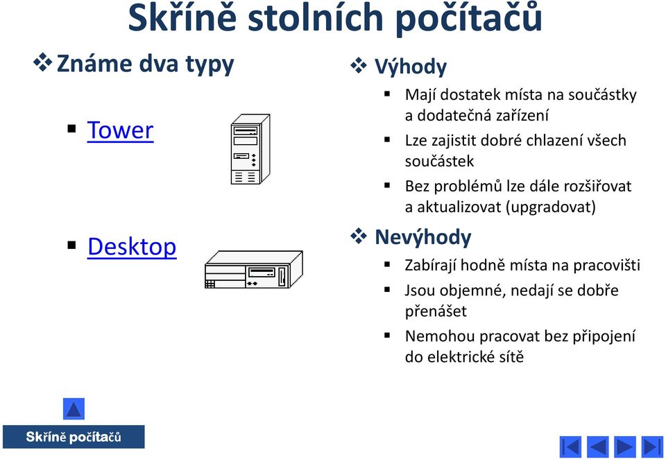 dále rozšiřovat a aktualizovat (upgradovat) Nevýhody Zabírají hodně místa na pracovišti