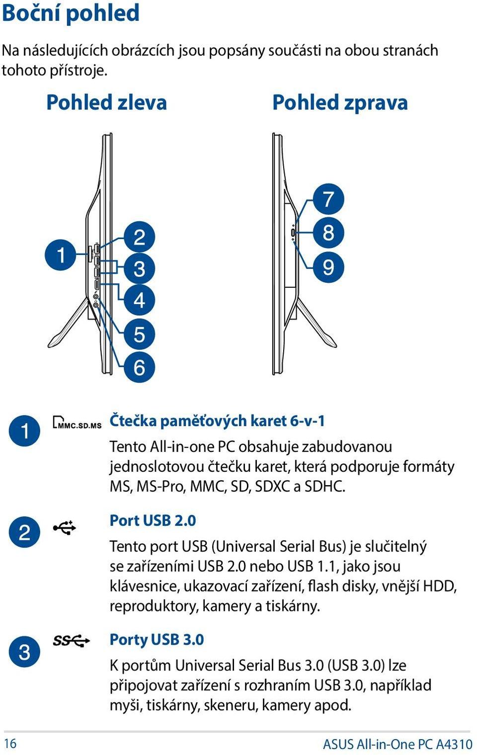 MMC, SD, SDXC a SDHC. Port USB 2.0 Tento port USB (Universal Serial Bus) je slučitelný se zařízeními USB 2.0 nebo USB 1.