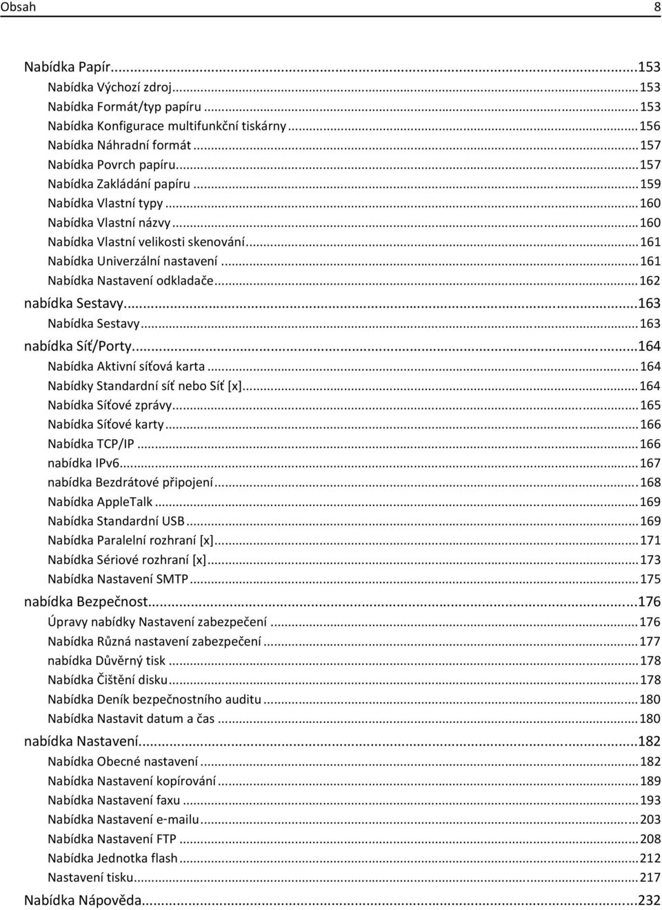 ..162 nabídka Sestavy...163 Nabídka Sestavy...163 nabídka Síť/Porty...164 Nabídka Aktivní síťová karta...164 Nabídky Standardní síť nebo Síť [x]...164 Nabídka Síťové zprávy...165 Nabídka Síťové karty.