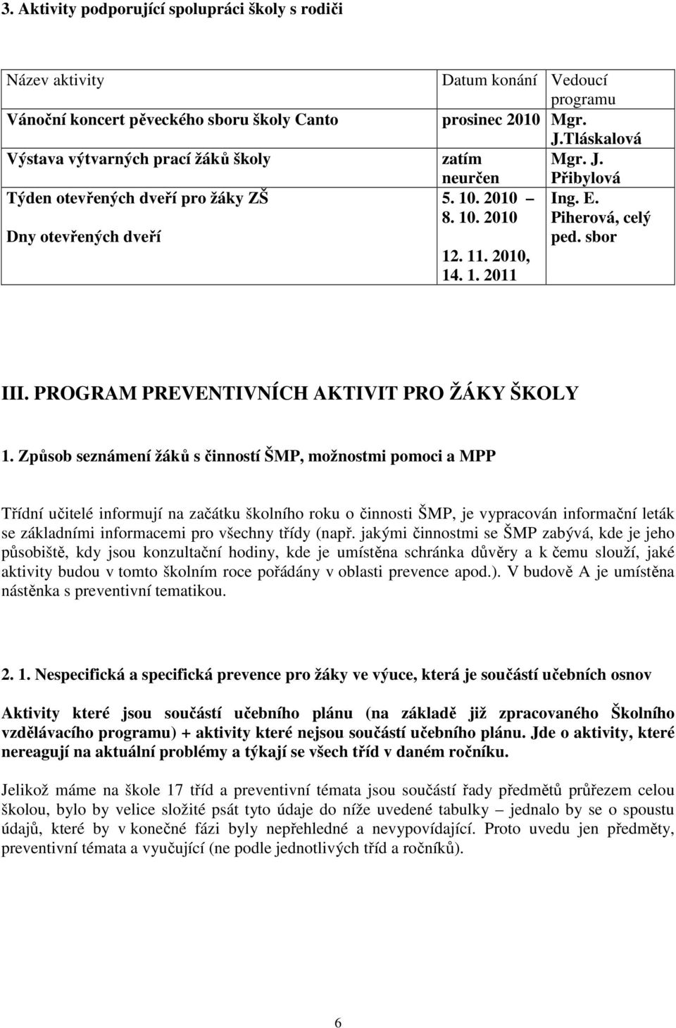 PROGRAM PREVENTIVNÍCH AKTIVIT PRO ŽÁKY ŠKOLY 1.