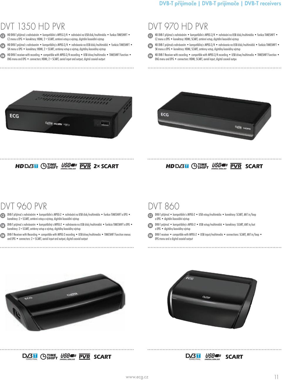 SCART, anténny vstup a výstup, digitálny koaxiálny výstup HD DVB-T receiver with recording compatible with MPEG-2/4 recording USB drive/multimedia TIMESHIFT function G menu and EPG connectors: HDMI,