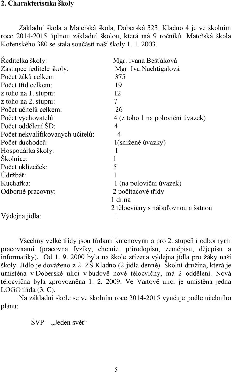 Iva Nachtigalová Počet žáků celkem: 375 Počet tříd celkem: 19 z toho na 1. stupni: 12 z toho na 2.