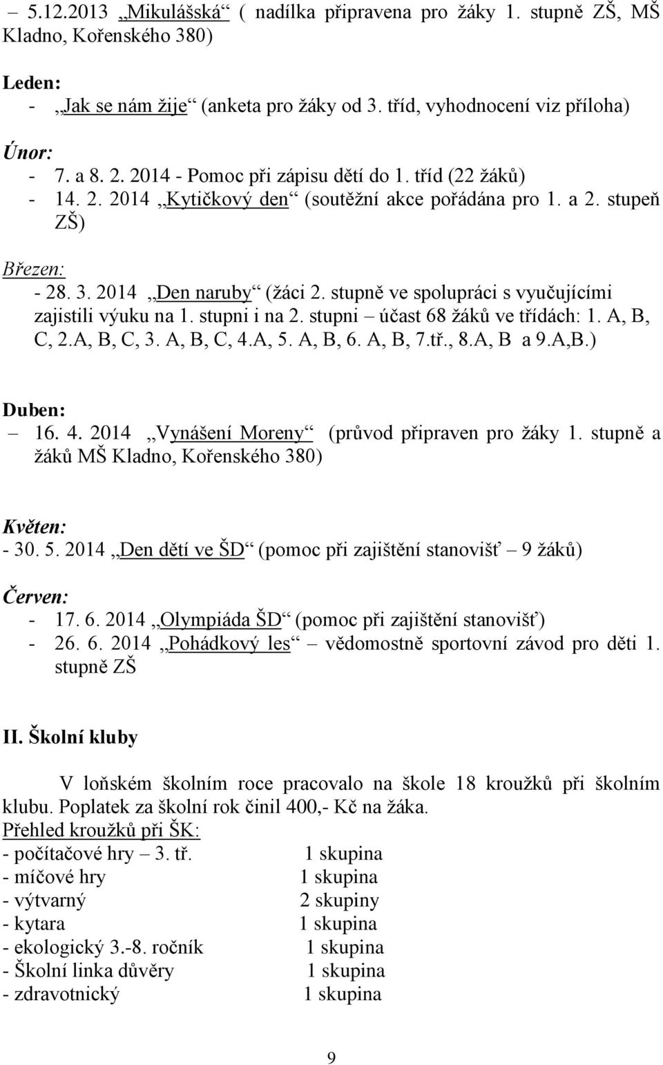 stupně ve spolupráci s vyučujícími zajistili výuku na 1. stupni i na 2. stupni účast 68 žáků ve třídách: 1. A, B, C, 2.A, B, C, 3. A, B, C, 4.A, 5. A, B, 6. A, B, 7.tř., 8.A, B a 9.A,B.) Duben: 16. 4. 2014 Vynášení Moreny (průvod připraven pro žáky 1.