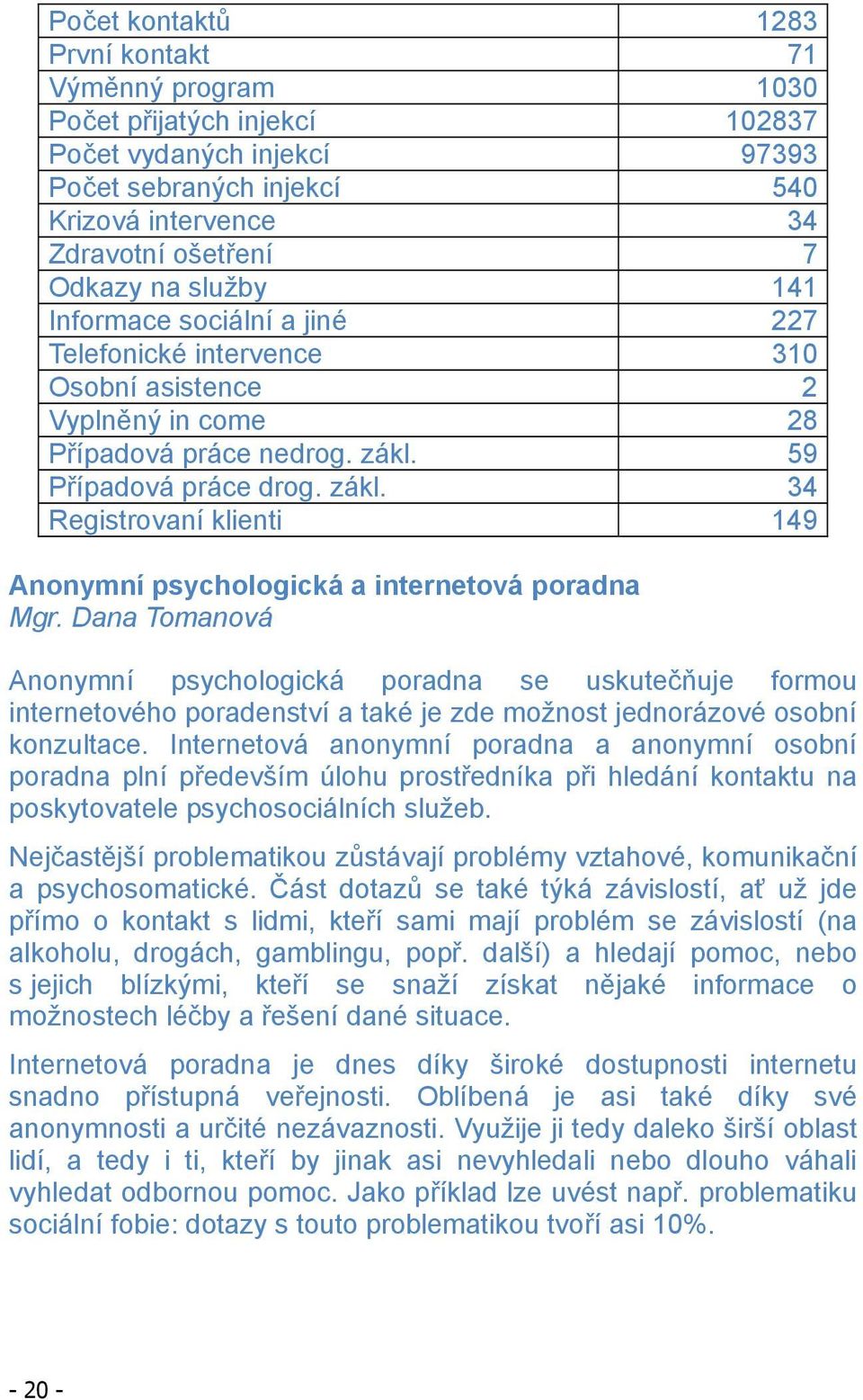 59 P ípadová práce drog. zákl. 34 Registrovaní klienti 149 Anonymní psychologická a internetová poradna Mgr.