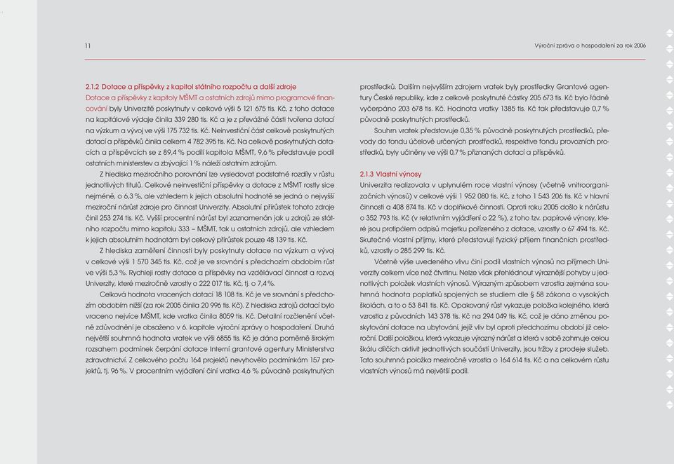 Kč. Na celkově poskytnutých dotacích a příspěvcích se z 89,4 % podílí kapitola MŠMT, 9,6 % představuje podíl ostatních ministerstev a zbývající 1 % náleží ostatním zdrojům.