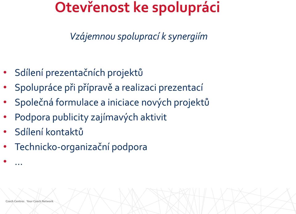 prezentací Společná formulace a iniciace nových projektů Podpora