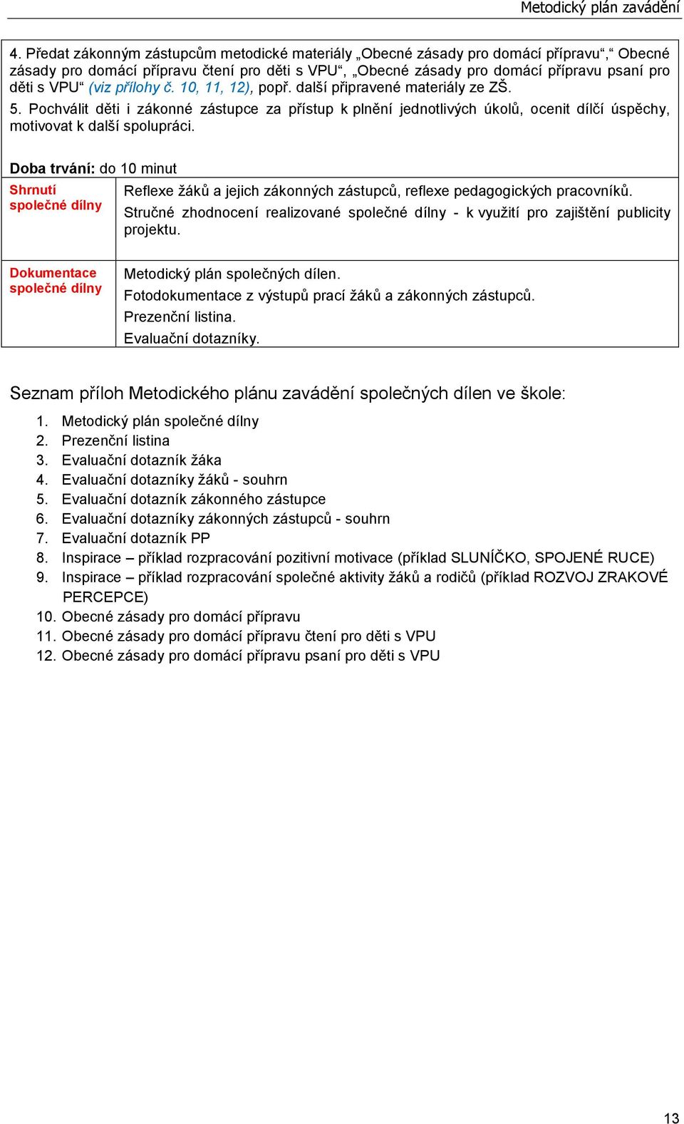 přílohy č. 10, 11, 12), popř. další připravené materiály ze ZŠ. 5. Pochválit děti i zákonné zástupce za přístup k plnění jednotlivých úkolů, ocenit dílčí úspěchy, motivovat k další spolupráci.